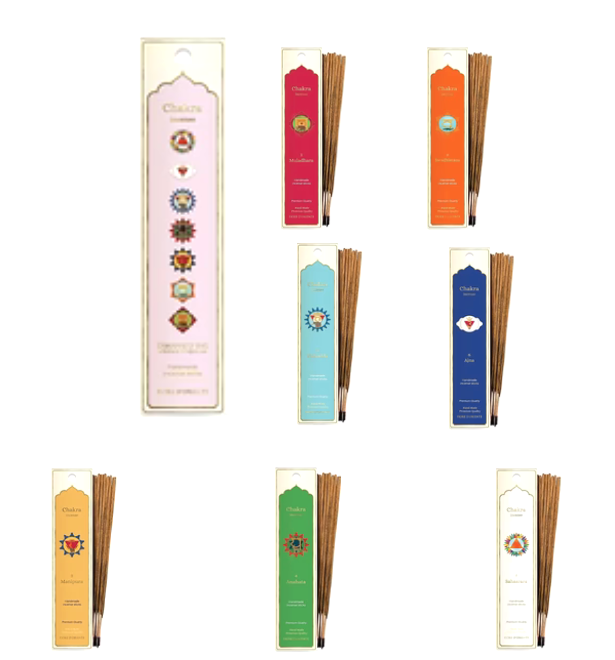 Encens 'Fiore d'Oriente', série 7 Chakras - 20 bâtons par boîte, durée 60 à 70 min chacun. Qualité artisanale exceptionnelle !