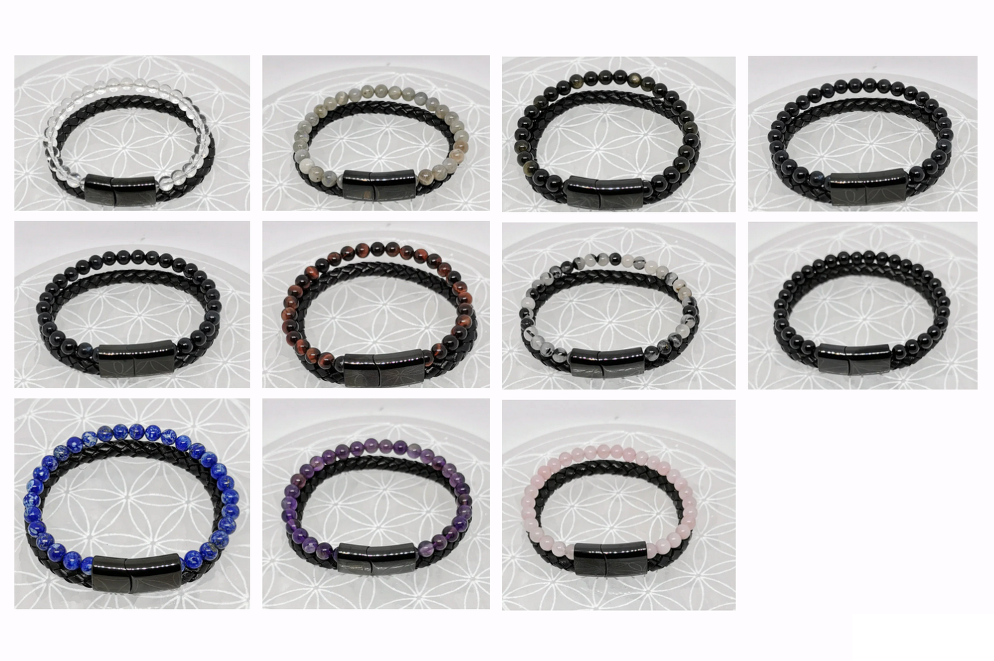 Bracelet, collection n°4, double-rang perles 8 mm, cuir + fermoir magnétique, 20,5 cm, perles AA-AAA !