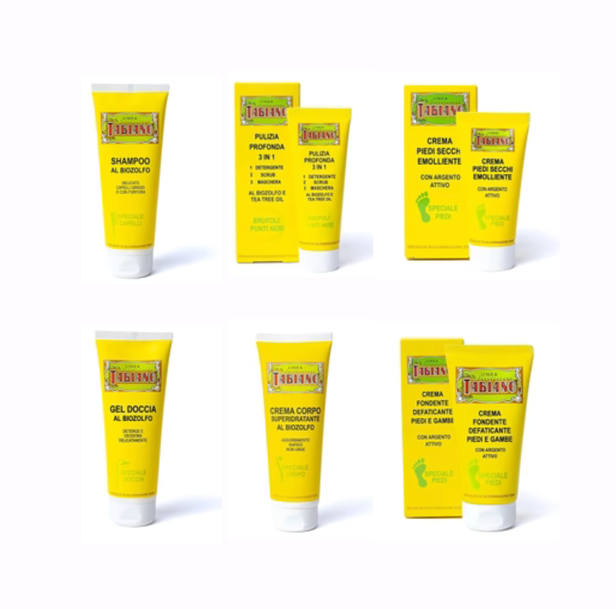 Sélection de chez 'Tabiano', shamppoing, gel, crème... de 75 à 250 millilitres. Produits particulièrement adaptés à tous les problèmes de peaux (visage, pied, jambe)... grâce à sa composition avec le Bio-Soufre !