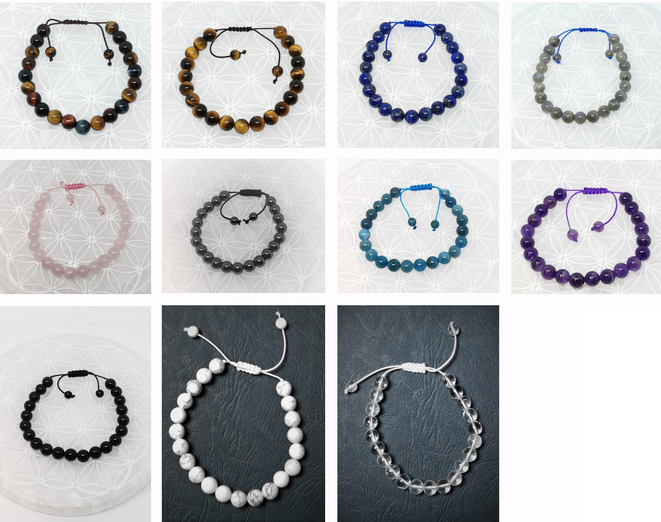 Collection de bracelets n°5, à fermeture coulissante de type 'Mala, simple rang, avec perles de 8mm - De 7 à 21 cm. Superbes perles de qualité AA à AAA !