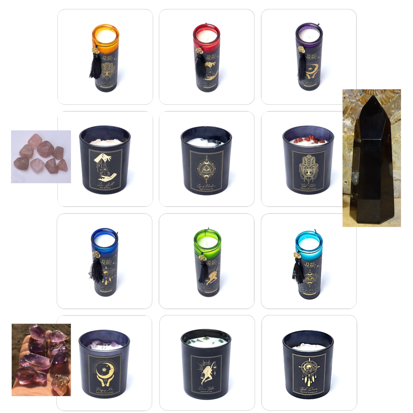 Bougies 'd'intentions' aux huiles essentielles et avec pierres précieuses, de chez 'Song of India'. 20 ou 80H de combustion ! Lorsque la bougie brûle, les pierres précieuses coulent avec la cire, une fois terminée, vous conserver les pierres !