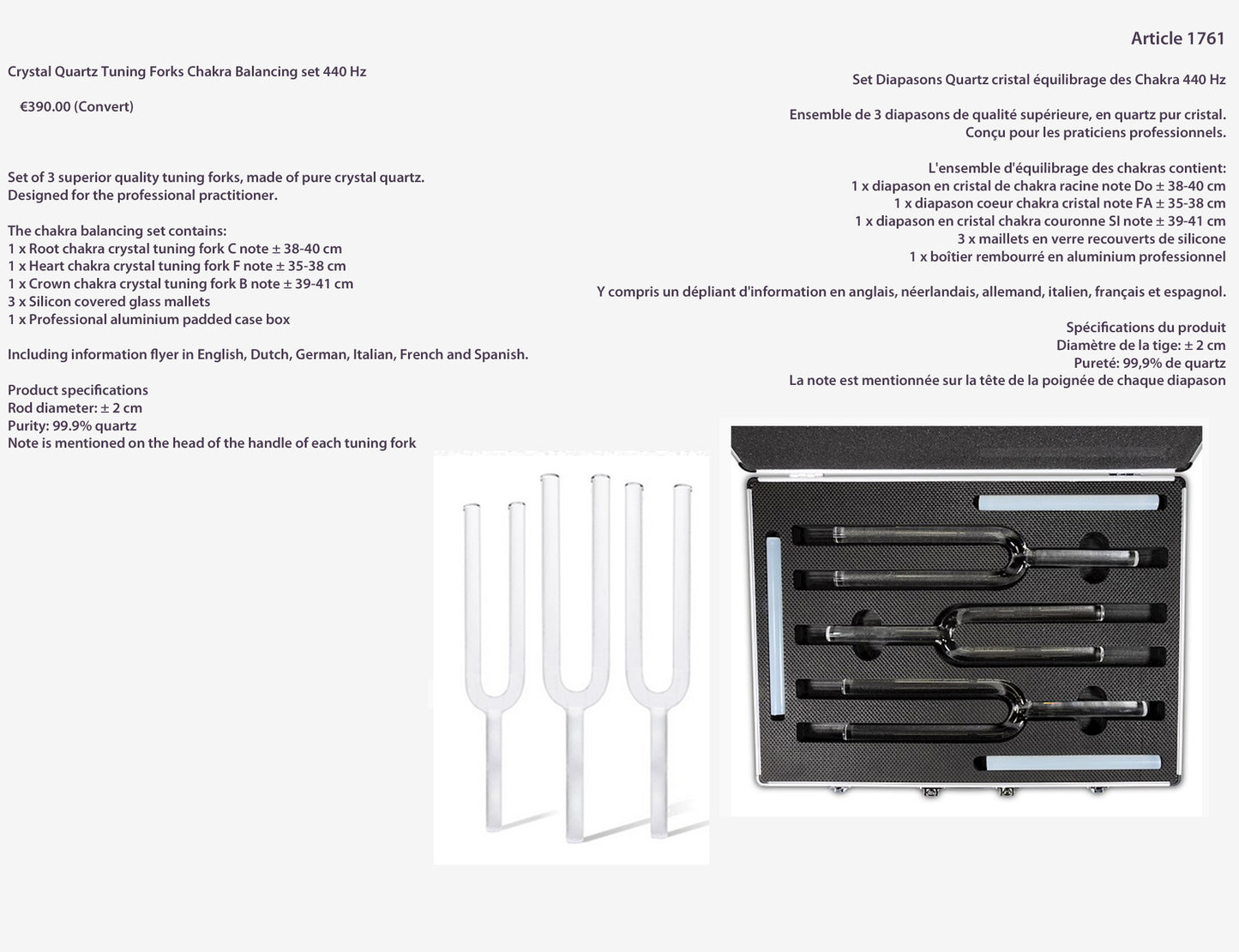 Malette avec un ensemble de 3 diapasons de qualité supérieure en quartz pur cristal/ quartz. 2 choix d'accordages, en 432 ou 440 hertz. Conçu pour les praticiens professionnels.