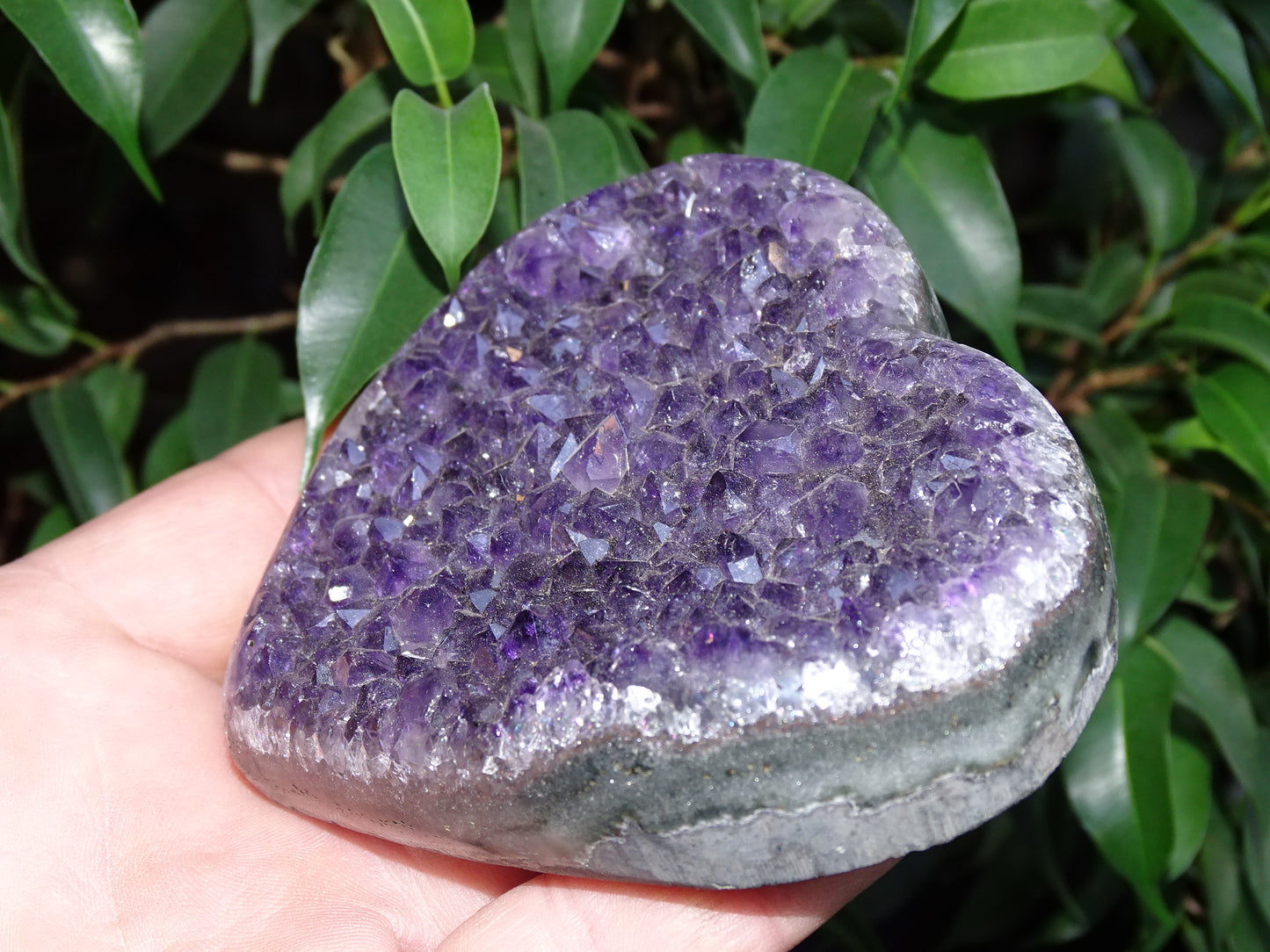 Druse en forme de coeur en amethyste, 84 x 81 x 22 millimètres - 290 grammes. Un violet intense, parfait pour recharger des minéraux, magnifique pièce !