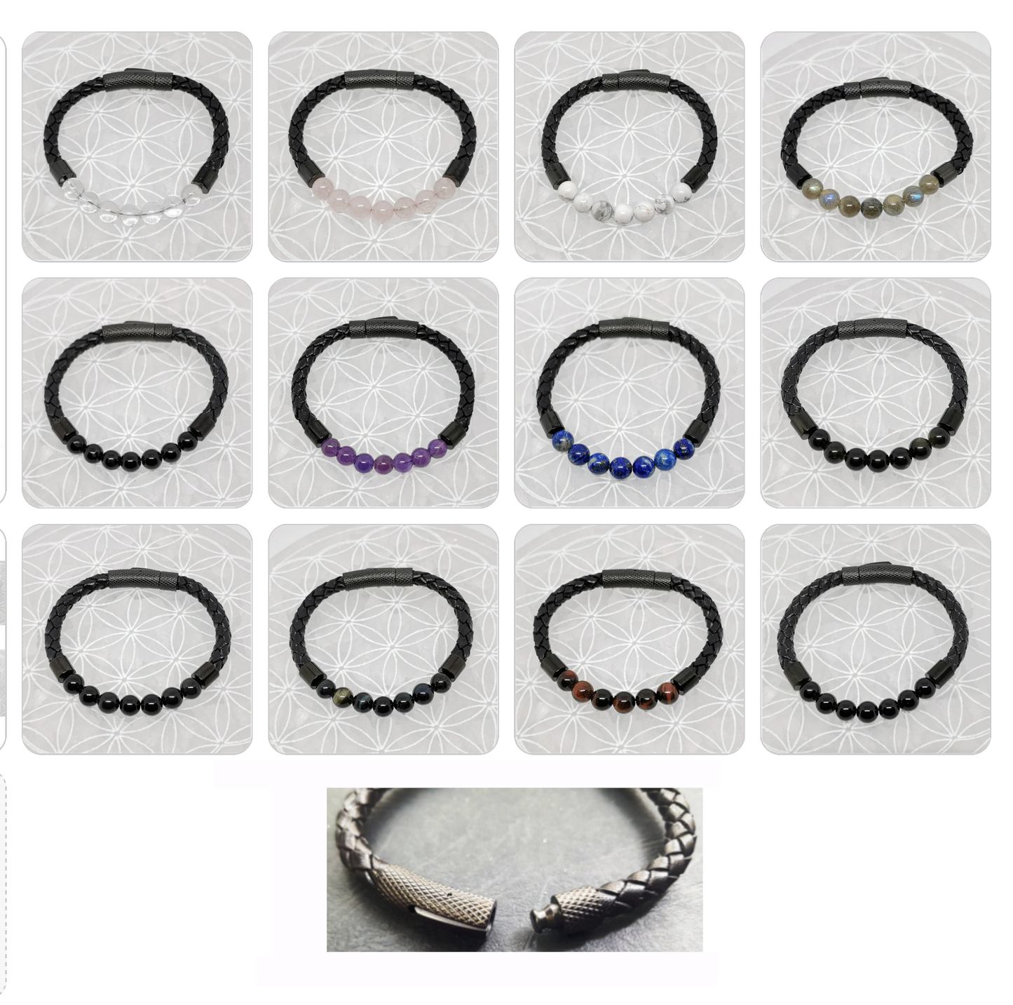 Bracelets cuir avec perles 8 mm – Collection n°3 homme/femme, fermoir magnétique, longueur 18,5 cm.