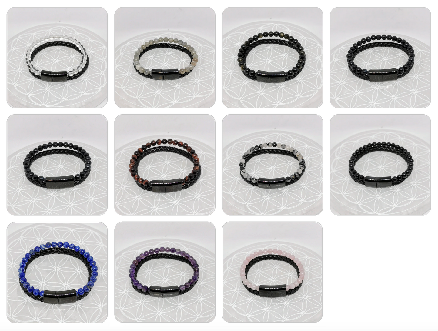 Bracelet, collection n°4, double-rang perles 8 mm, cuir + fermoir magnétique, 20,5 cm, perles AA-AAA !