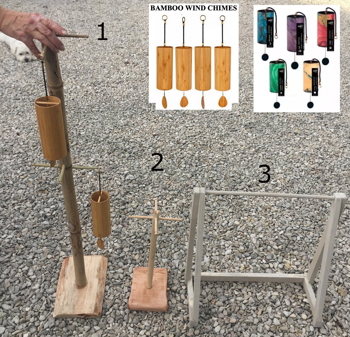 Création Zen Crurisoity, supports en bois pour carillon de style Koshi, Zaphir ou autres, de 45 ou 110 centimètres de haut, base de 20x20x4 cm..