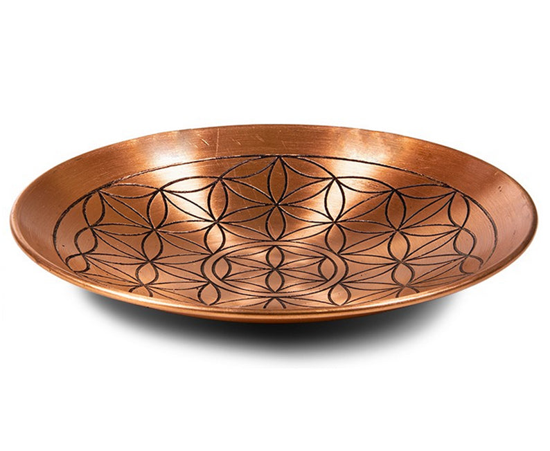 Assiette décorative avec le symbole de fleur de vie gravé, en laiton ou cuivre. Ø 15cm x 2,8 - 120 gr. Très belle qualité, inaltérable, parfait !