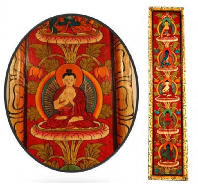 Thangka/ panneau en bois de 91 x 20 centimètres, incroyable conception dans un cadre en bois de pin, avec les 5 Bouddhas !