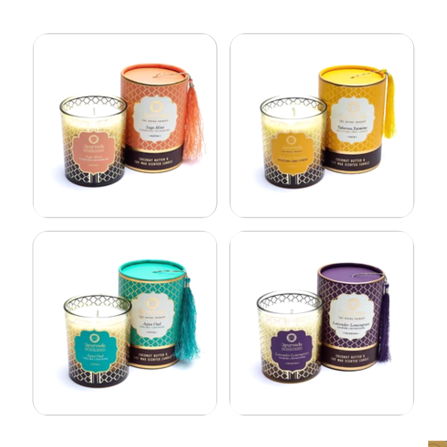Bougie ayurvédique au beurre de coco et cire de soja de haute qualité, parfumée avec les meilleures huiles essentielles. 8x7x7cm - 355 gr. - ±55H de combustion. Moins de fumée et de suie grâce à la mèche en coton !