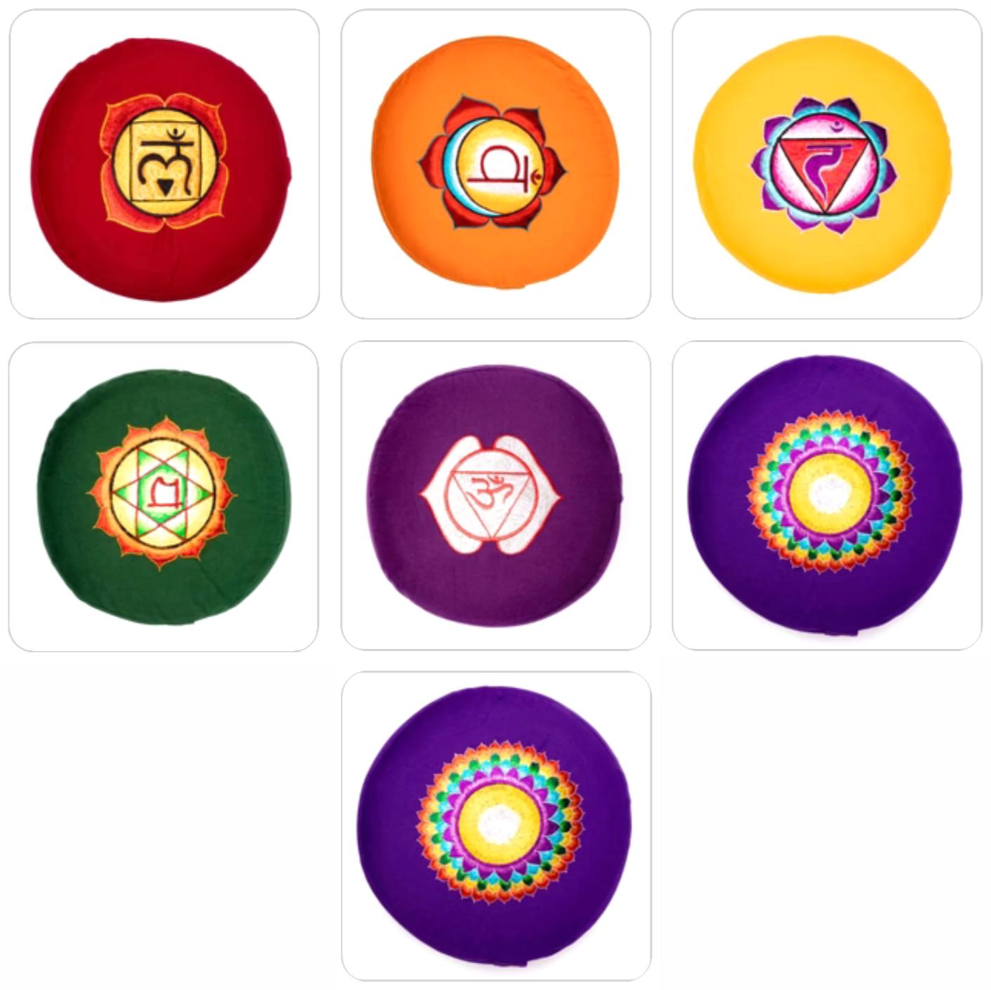 Sélection de coussins de Méditation ou de Yoga aux couleurs des 7 chakras, en coton biologique (OCS). 33 centimètres de diamètre x 13 centimètres de hauteur - 2300 grammes. De chez Yogi & Yogini, fait en Inde ! Coussion vendu seul ou en set de 7 !