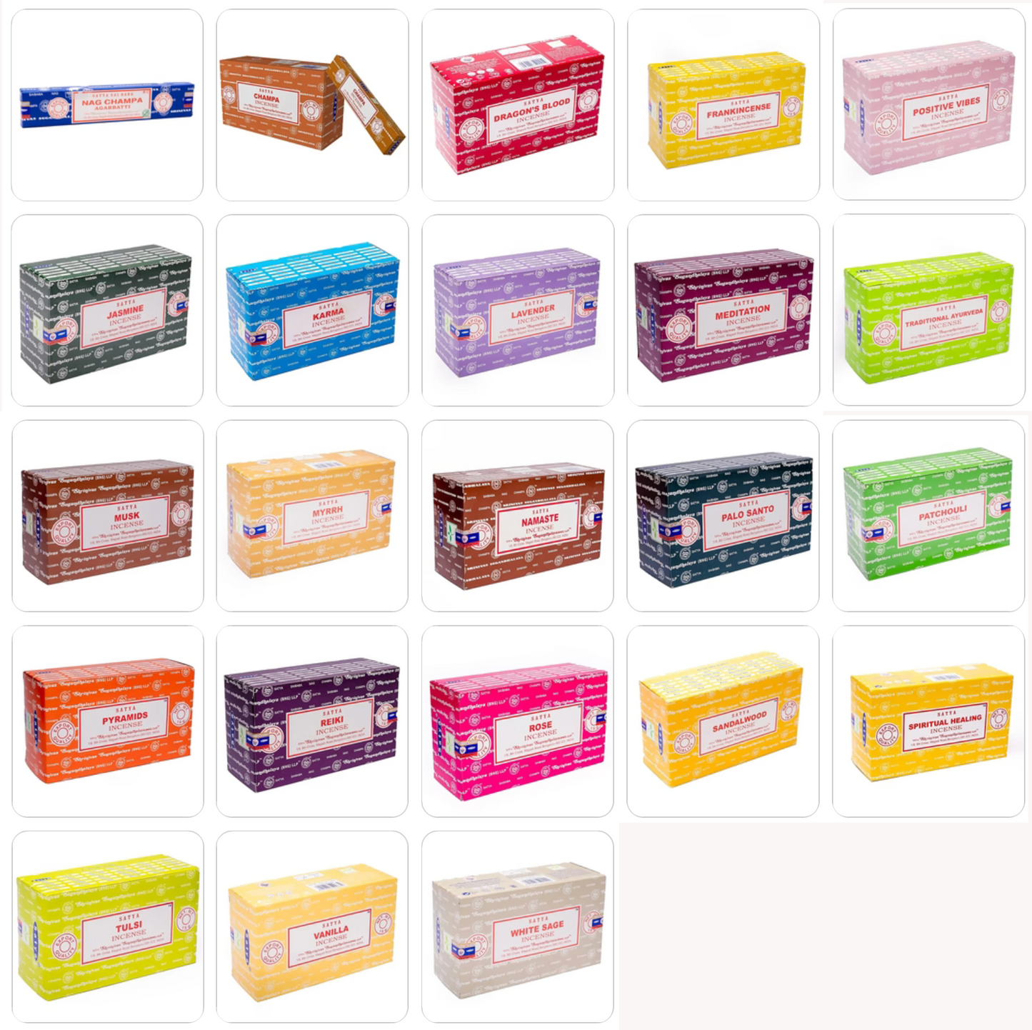 Encens 'Satya Agarbatti' – Série Classique. 23 parfums au choix ! Vendu à l’unité ou en pack de 12. Marque reconnue, qualité garantie pour vos ambiances !