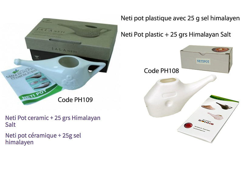 Le Neti Pot est un petit pichet de plastique à remplir avec de l'eau salée puis à vider dans les voies nasales pour les nettoyer. 1 modèle en céramique et 1 en P.v.c. Un lavage du sinus est recommandé pour hygiène quotidienne. Reconnu et efficasse !
