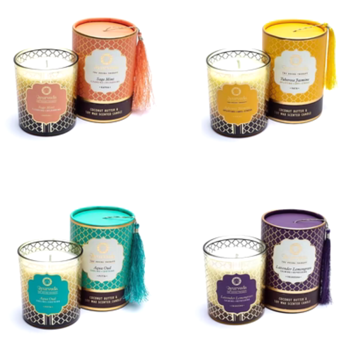 Bougie ayurvédique au beurre de coco et cire de soja de haute qualité, parfumée avec les meilleures huiles essentielles. 8x7x7cm - 355 gr. - ±55H de combustion. Moins de fumée et de suie grâce à la mèche en coton !
