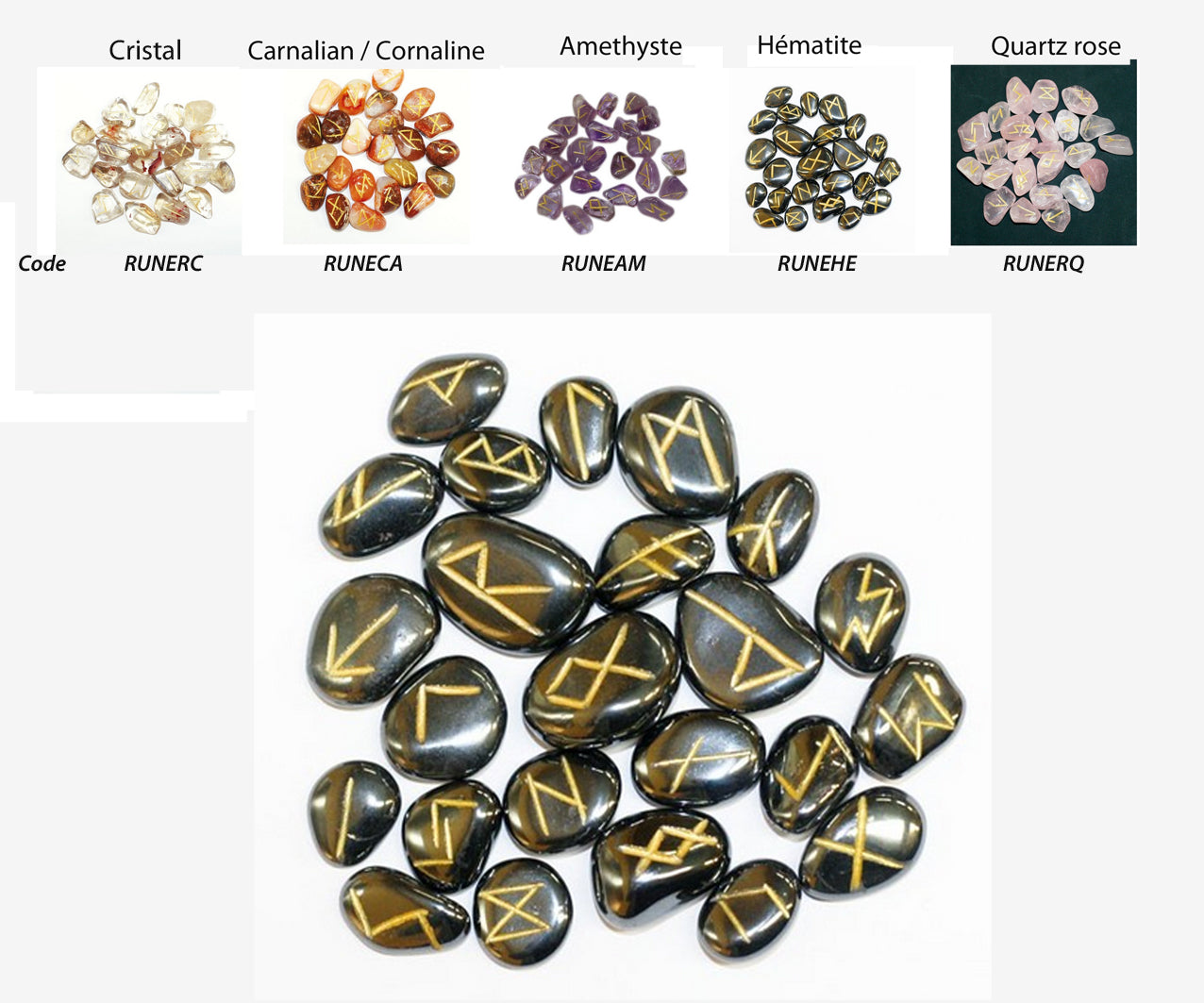 Sélection de runes en pierres, 5 kits au choix de 25 pièces gravées (2 à 3 cm). Finition soignée et très belle qualité !