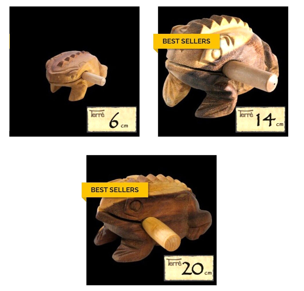 Guiro en bois en forme de grenouille. 3 tailles au choix : de 6 à 20 cm. Livré avec bâton !