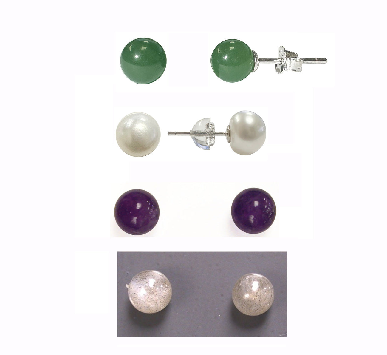 Puces/ Clous/ Boucles d'oreilles en Jade, Améthyste, Labradorite, perle Biwa (Tahiti); qualité AA à AAA. Finition Argent 0.925, très élégantes, fines, parfait !