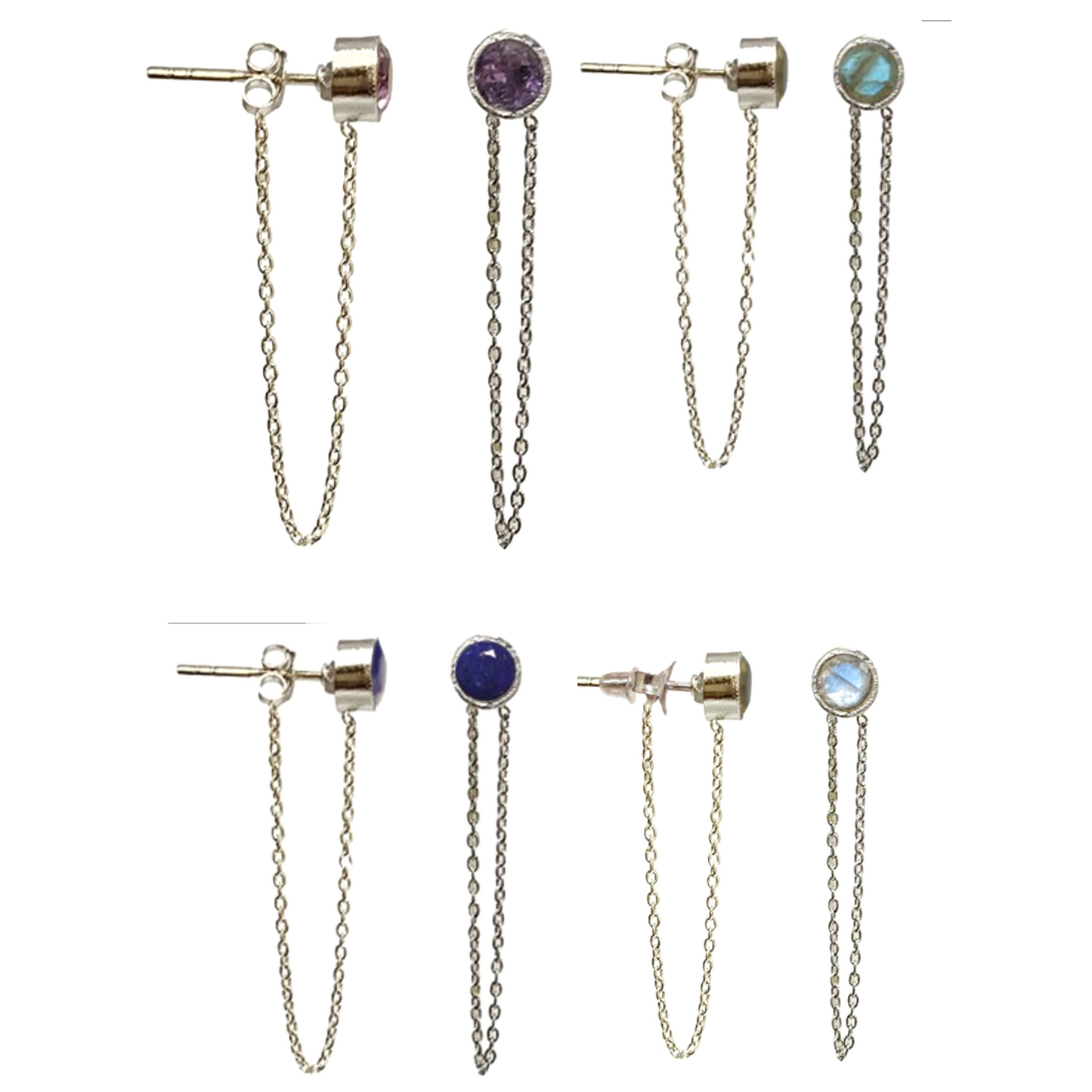 Puces/ Clous/ Boucles d'oreilles avec chaînettes. Finition Argent 0.925, en améthyste, labradorite, lapis lazuli, pierre de lune !