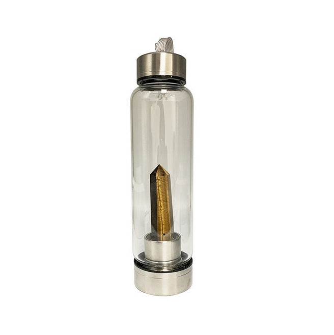 Sélection de carafes en verre et acier inoxydable de 550 ml. Pour élixir ou dynamisation de l'eau, au choix : Améthyste, Labradorite, œil de tigre ou Cristal de roche. Vendu avec housse !