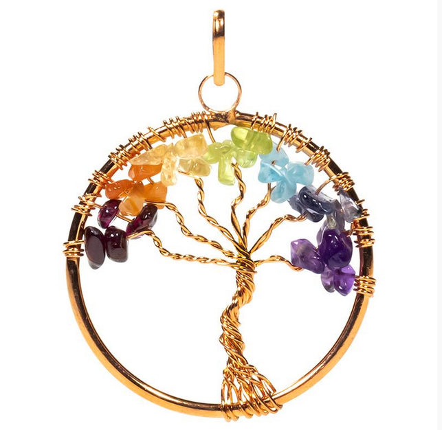 Arbre de vie '7 chakras', symbole universel de force, d’ancrage et de croissance spirituelle, pendentif en laiton doré ou argenté, de 40 millimètres de diamètre. Livré avec cordon coulissant, prêt à porté ou à offrir, parfait !