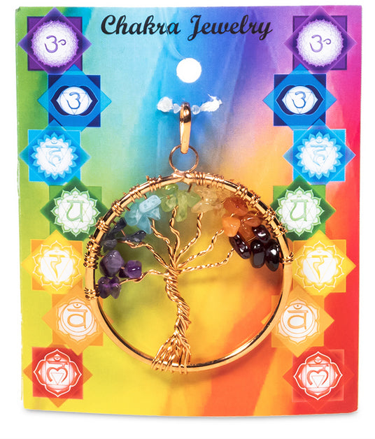 Arbre de vie '7 chakras', symbole universel de force, d’ancrage et de croissance spirituelle, pendentif en laiton doré ou argenté, de 40 millimètres de diamètre. Livré avec cordon coulissant, prêt à porté ou à offrir, parfait !
