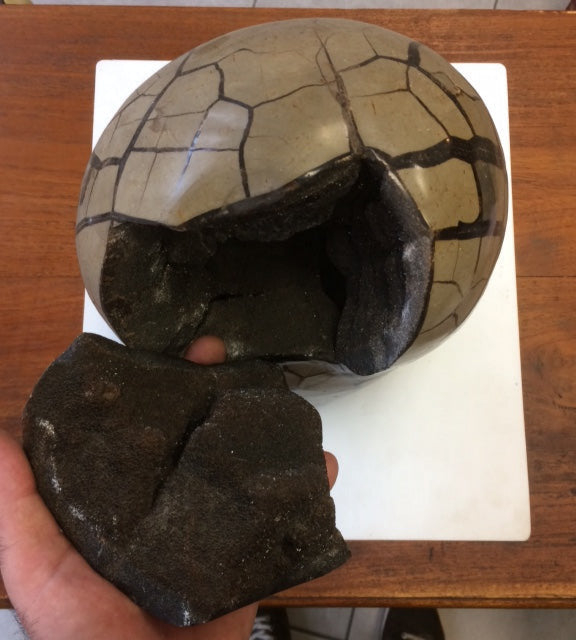 Septaria de taille XL, géode ouverte en 2 parties de 8,8 kg, 28x20x12cm. Superbe qualité, pour collections, expositions...