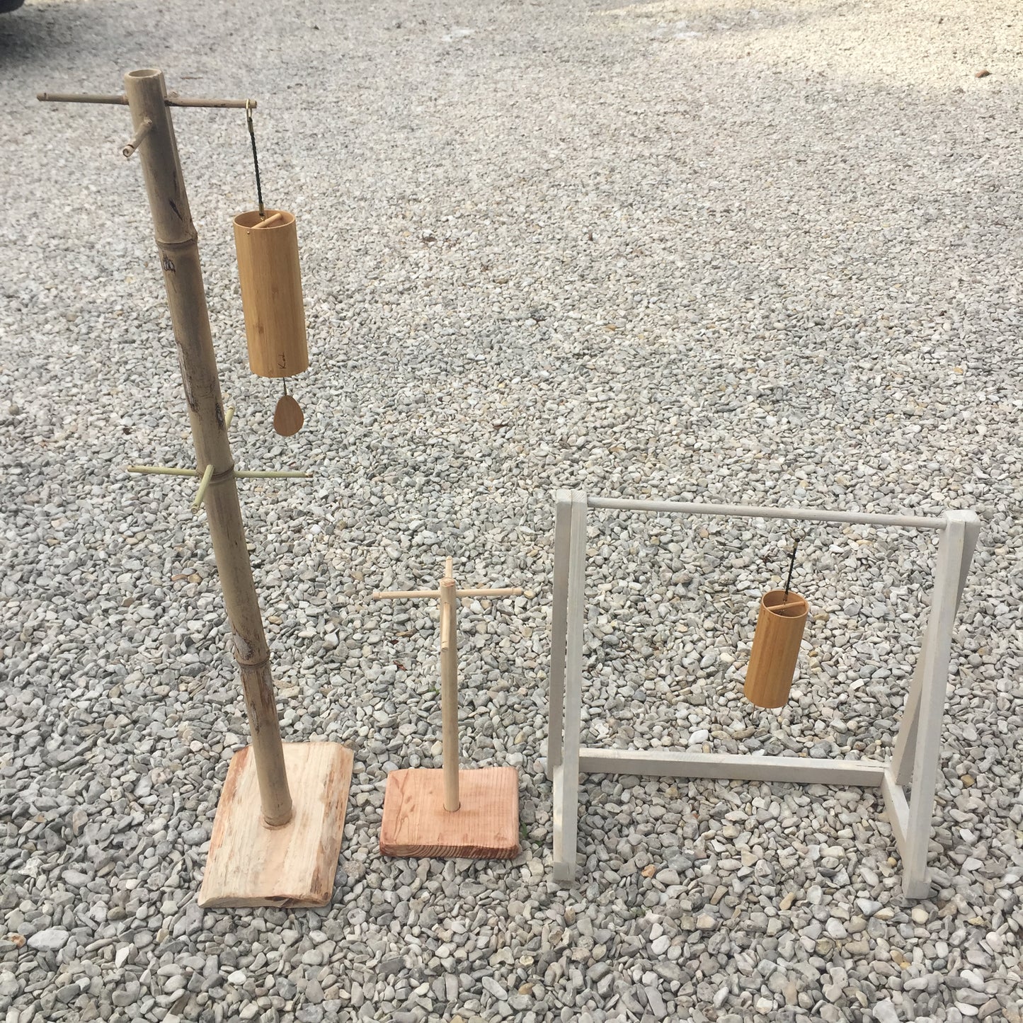 Création Zen Crurisoity, supports en bois pour carillon de style Koshi, Zaphir ou autres, de 45 ou 110 centimètres de haut, base de 20x20x4 cm..