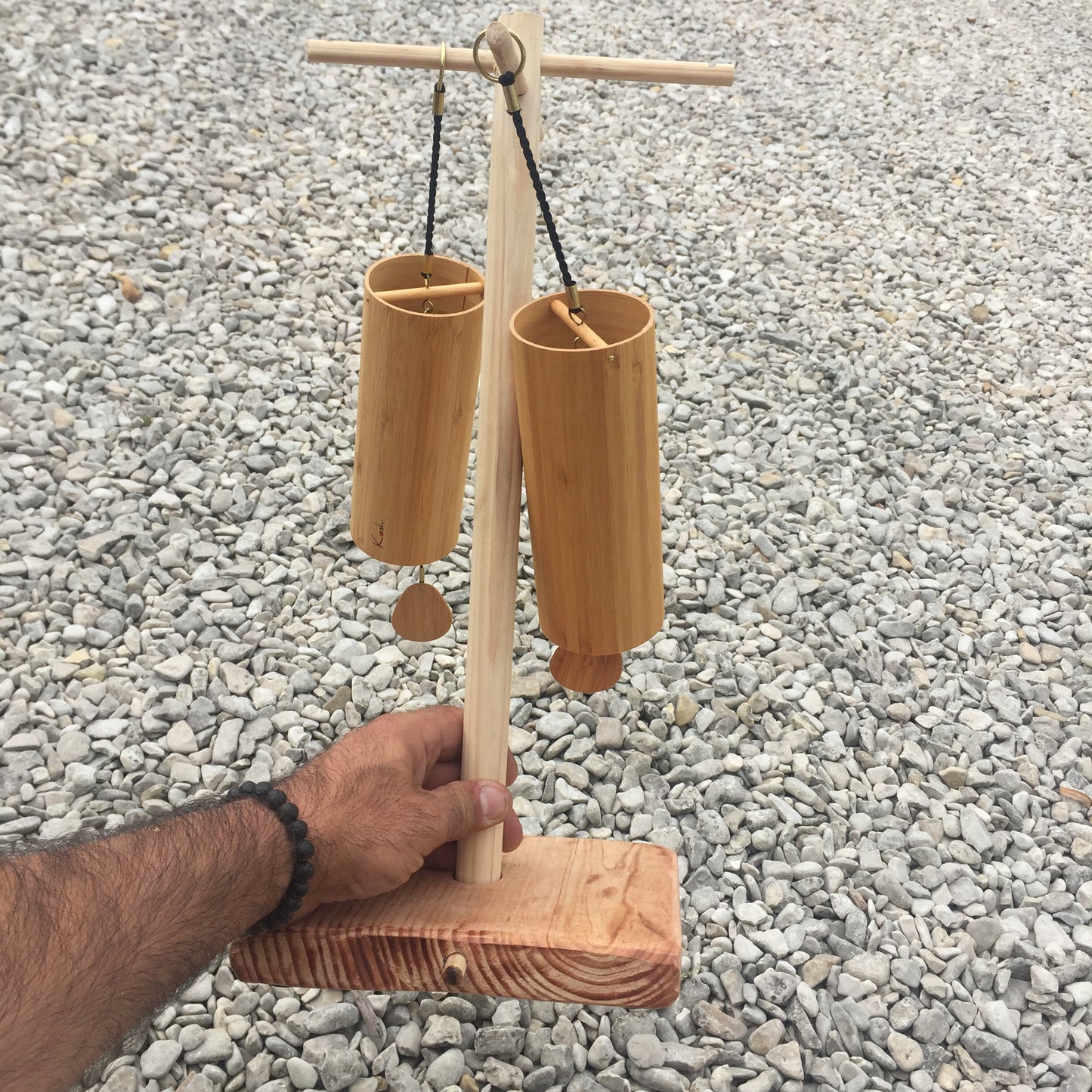Création Zen Crurisoity, supports en bois pour carillon de style Koshi, Zaphir ou autres, de 45 ou 110 centimètres de haut, base de 20x20x4 cm..