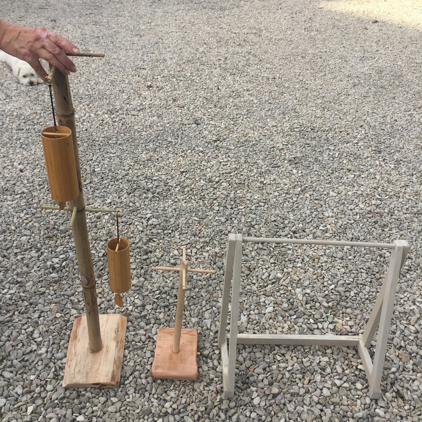 Création Zen Crurisoity, supports en bois pour carillon de style Koshi, Zaphir ou autres, de 45 ou 110 centimètres de haut, base de 20x20x4 cm..