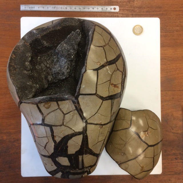 Septaria de taille XL, géode ouverte en 2 parties de 8,8 kg, 28x20x12cm. Superbe qualité, pour collections, expositions...