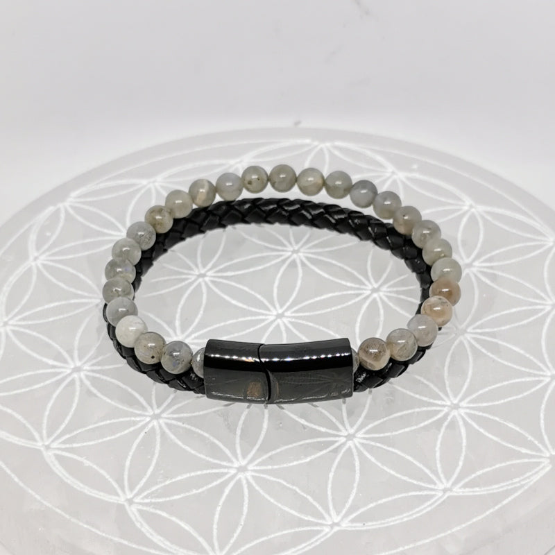 Bracelet, collection n°4, double-rang perles 8 mm, cuir + fermoir magnétique, 20,5 cm, perles AA-AAA !