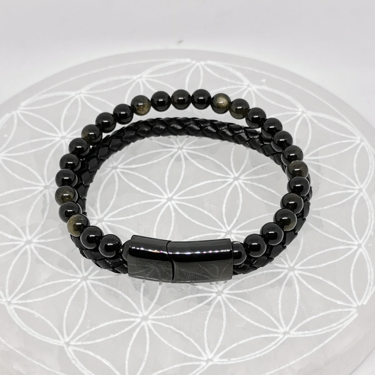 Bracelet, collection n°4, double-rang perles 8 mm, cuir + fermoir magnétique, 20,5 cm, perles AA-AAA !