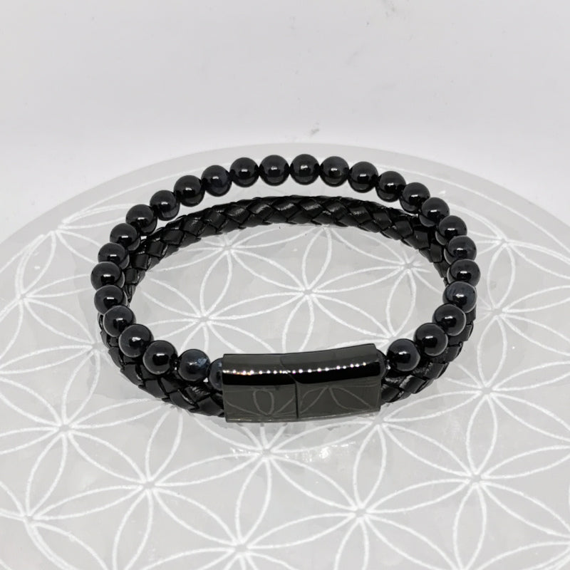 Bracelet, collection n°4, double-rang perles 8 mm, cuir + fermoir magnétique, 20,5 cm, perles AA-AAA !