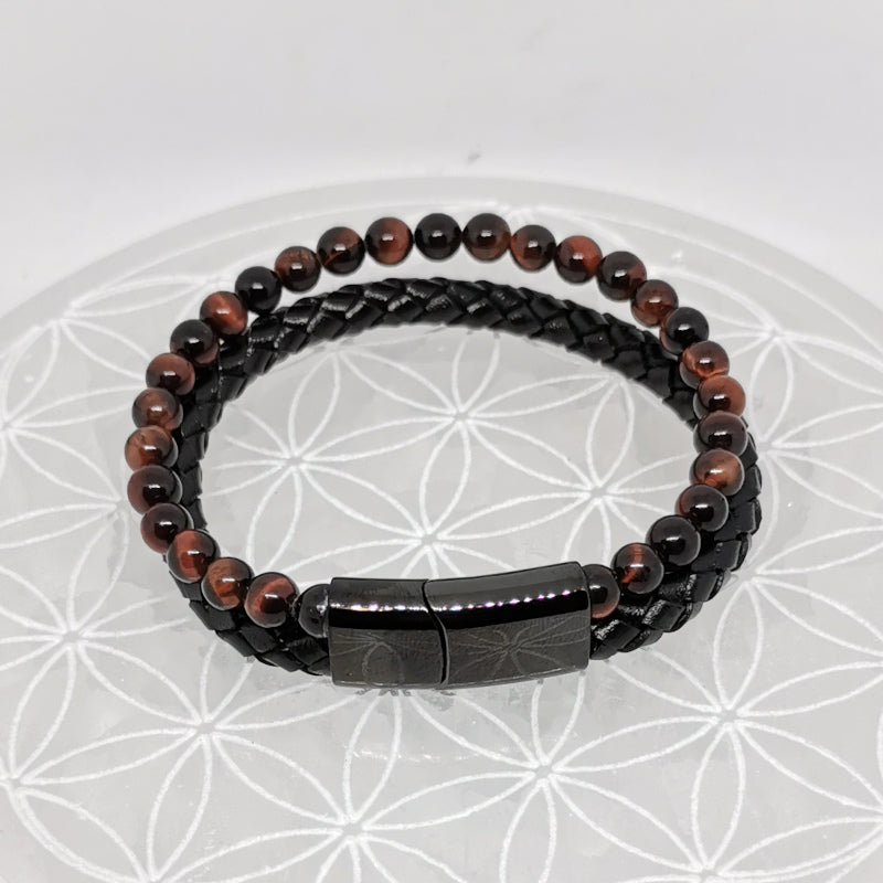 Bracelet, collection n°4, double-rang perles 8 mm, cuir + fermoir magnétique, 20,5 cm, perles AA-AAA !