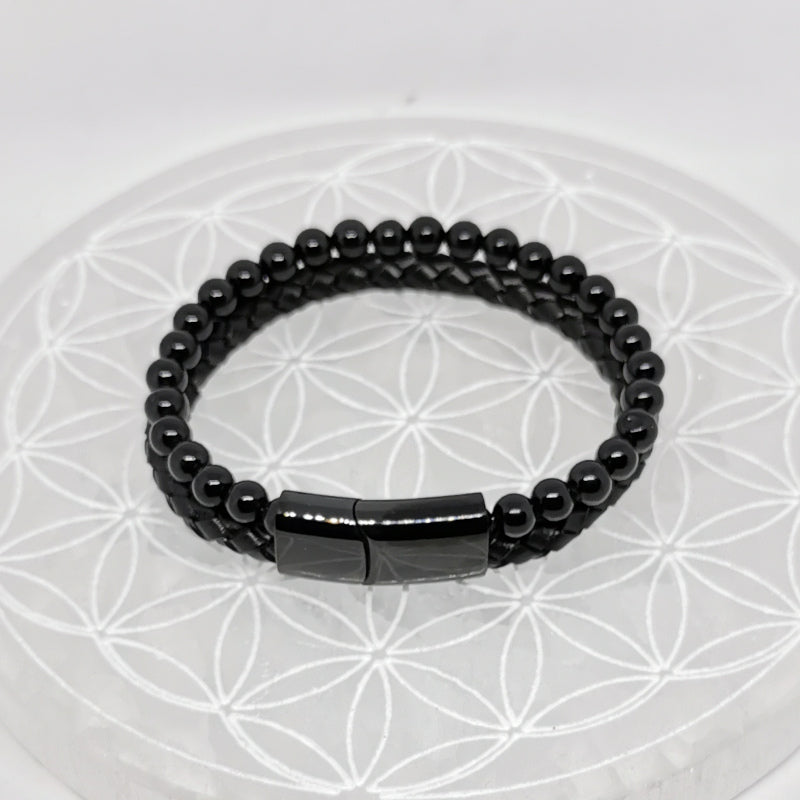 Bracelet, collection n°4, double-rang perles 8 mm, cuir + fermoir magnétique, 20,5 cm, perles AA-AAA !
