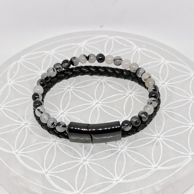 Bracelet, collection n°4, double-rang perles 8 mm, cuir + fermoir magnétique, 20,5 cm, perles AA-AAA !