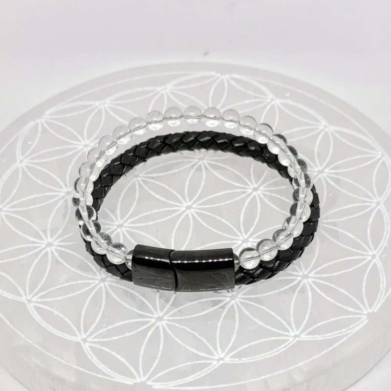 Bracelet, collection n°4, double-rang perles 8 mm, cuir + fermoir magnétique, 20,5 cm, perles AA-AAA !