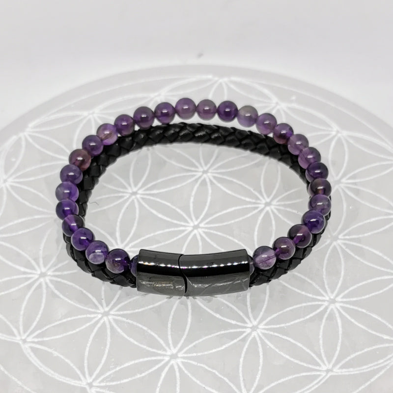 Bracelet, collection n°4, double-rang perles 8 mm, cuir + fermoir magnétique, 20,5 cm, perles AA-AAA !