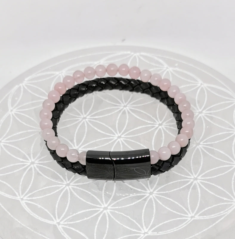 Bracelet, collection n°4, double-rang perles 8 mm, cuir + fermoir magnétique, 20,5 cm, perles AA-AAA !