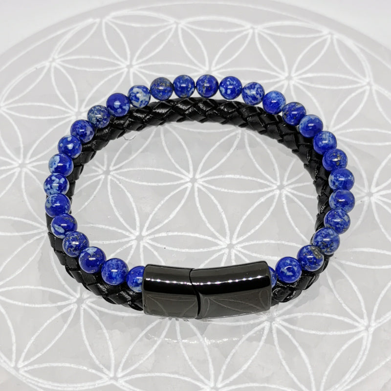 Bracelet, collection n°4, double-rang perles 8 mm, cuir + fermoir magnétique, 20,5 cm, perles AA-AAA !