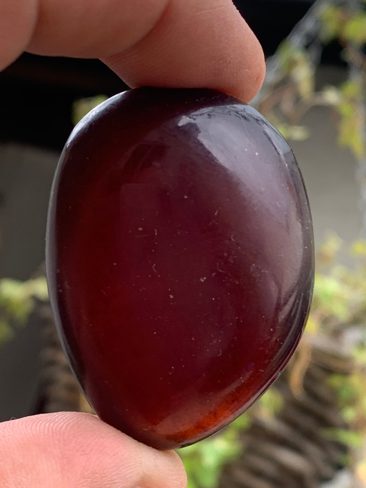Ambre bleu, galet poli couleur 'cerise/ ambre cognac', 48 X 35 X 22 mm - 20,4 grammes. Très belle qualité 'Gemme', en transparence vous verrez des reflets rouges ambrés incroyables !