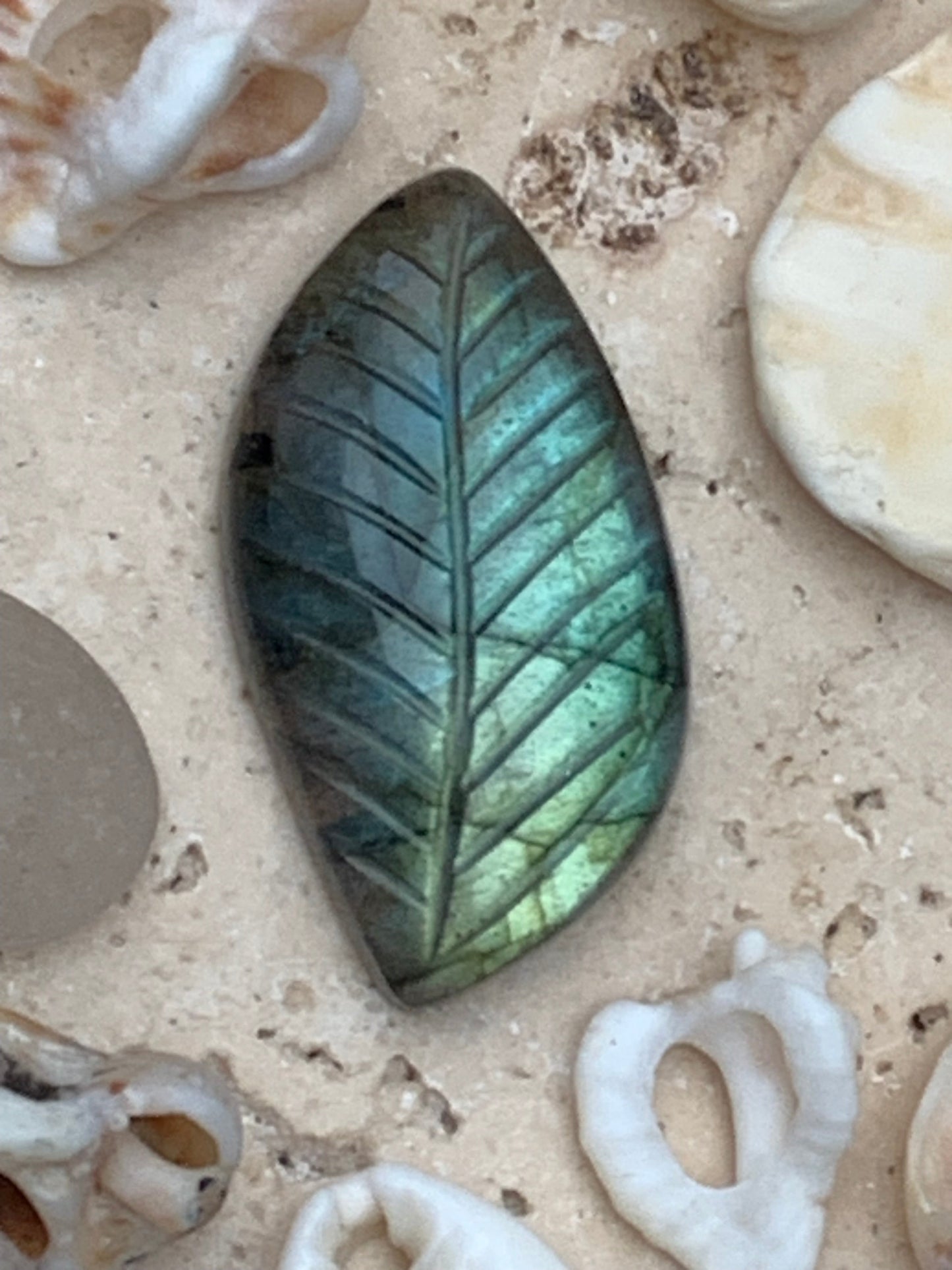 Labradorite, cabochon gravé de 32mm x 16 x 7. Qualité AA à AAA, parfait pour être monter en bijoux ou collection !