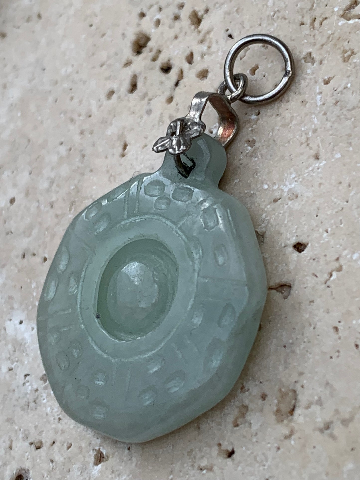 Jade! 'Wheel of Life' pendant with a pretty, fancy bail, 35 mm high x 23 mm wide x 5 mm thick. Sold with an adjustable black cord.