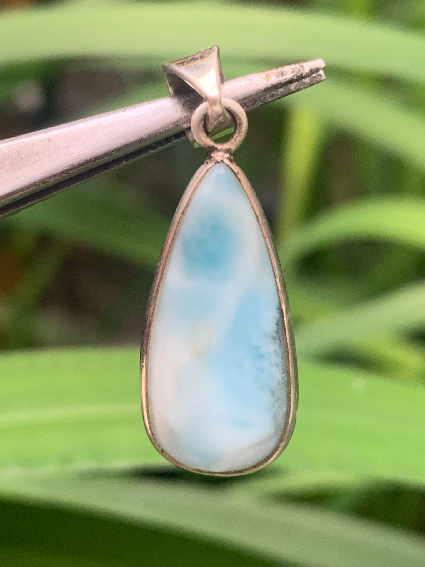 Larimar, Silver pendant, 36 mm high x 12 mm wide x 6 mm thick. Sold with a free adjustable black cord!