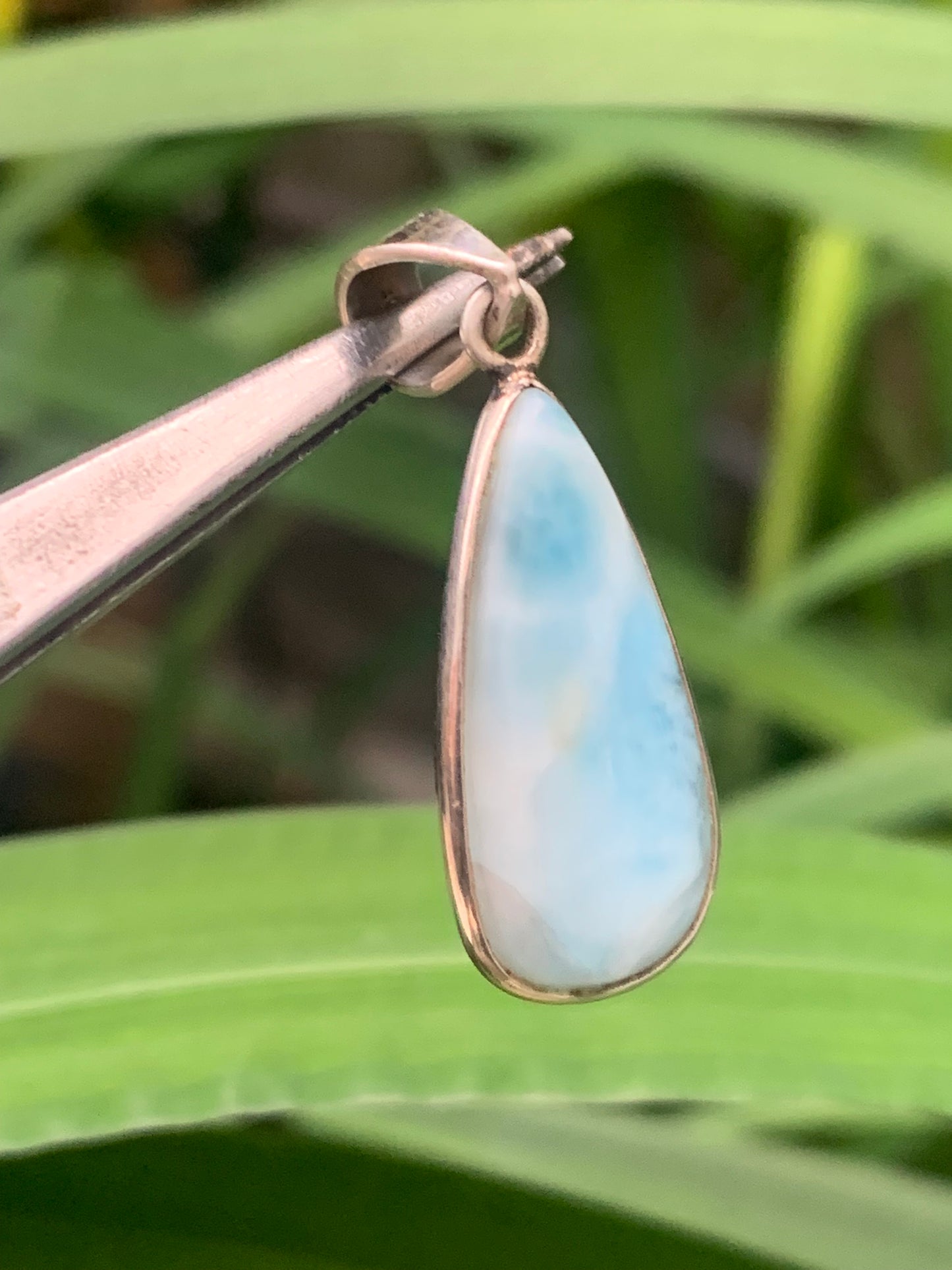 Larimar, Silver pendant, 36 mm high x 12 mm wide x 6 mm thick. Sold with a free adjustable black cord!