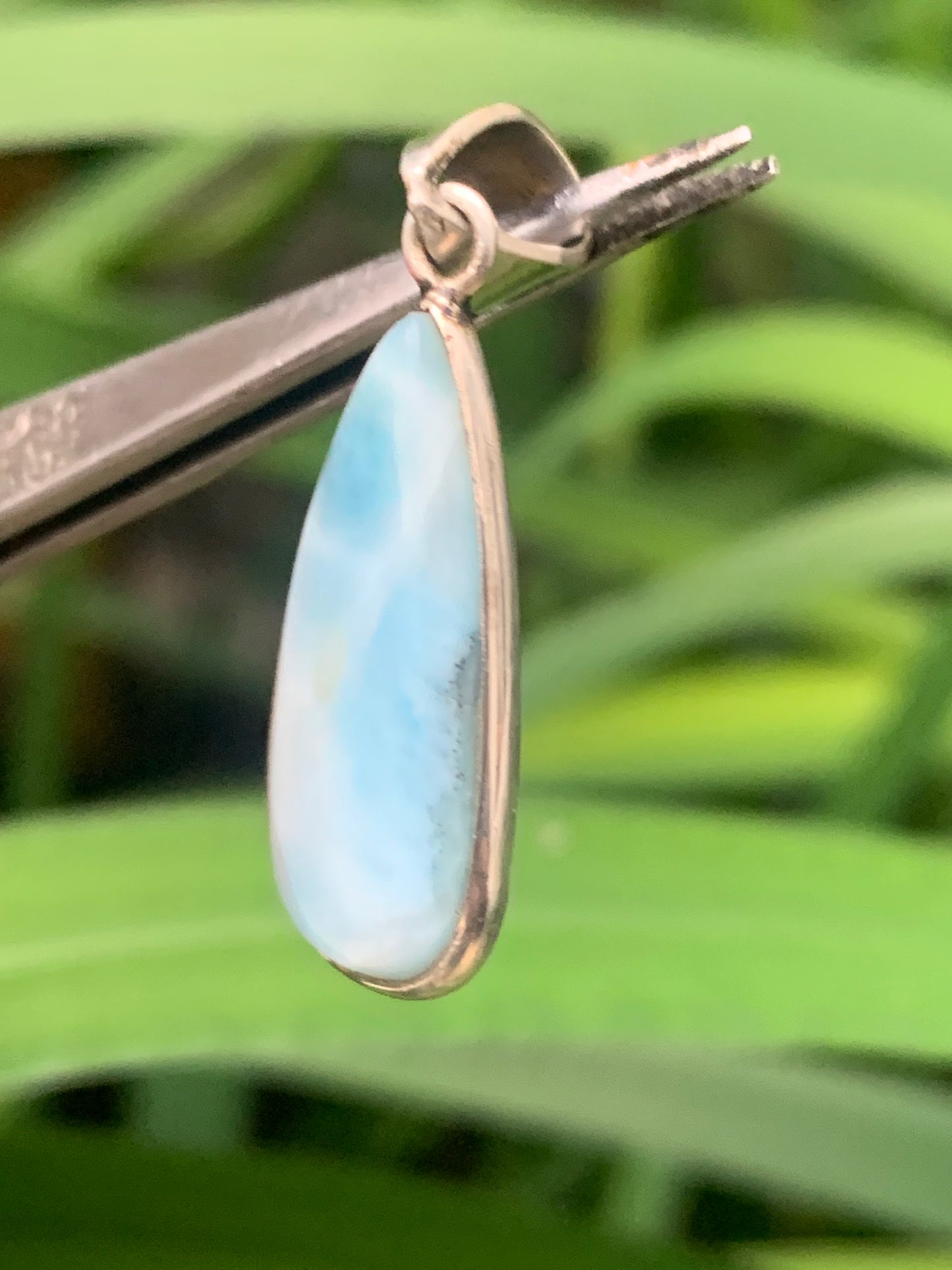 Larimar, Silver pendant, 36 mm high x 12 mm wide x 6 mm thick. Sold with a free adjustable black cord!