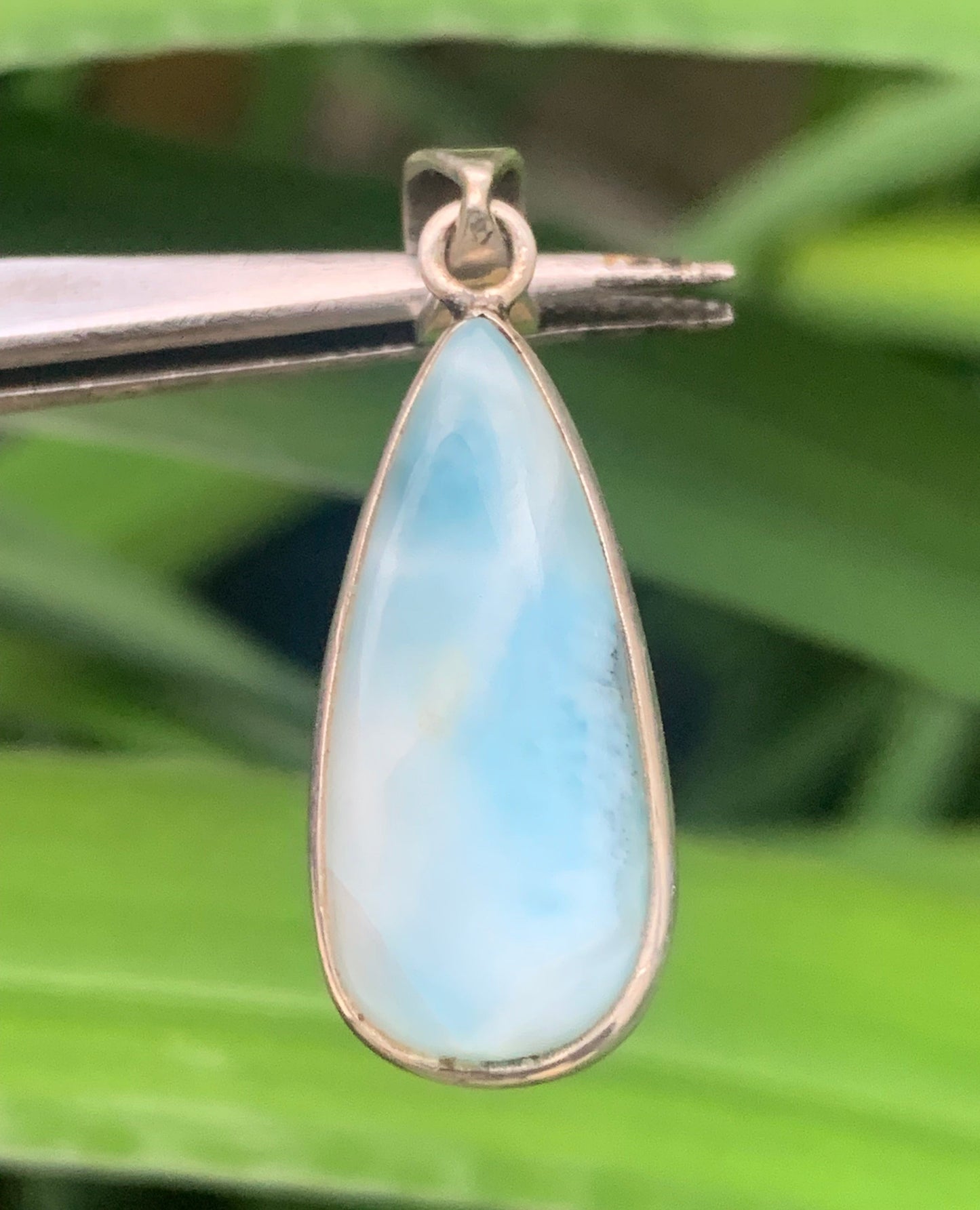 Larimar, Silver pendant, 36 mm high x 12 mm wide x 6 mm thick. Sold with a free adjustable black cord!