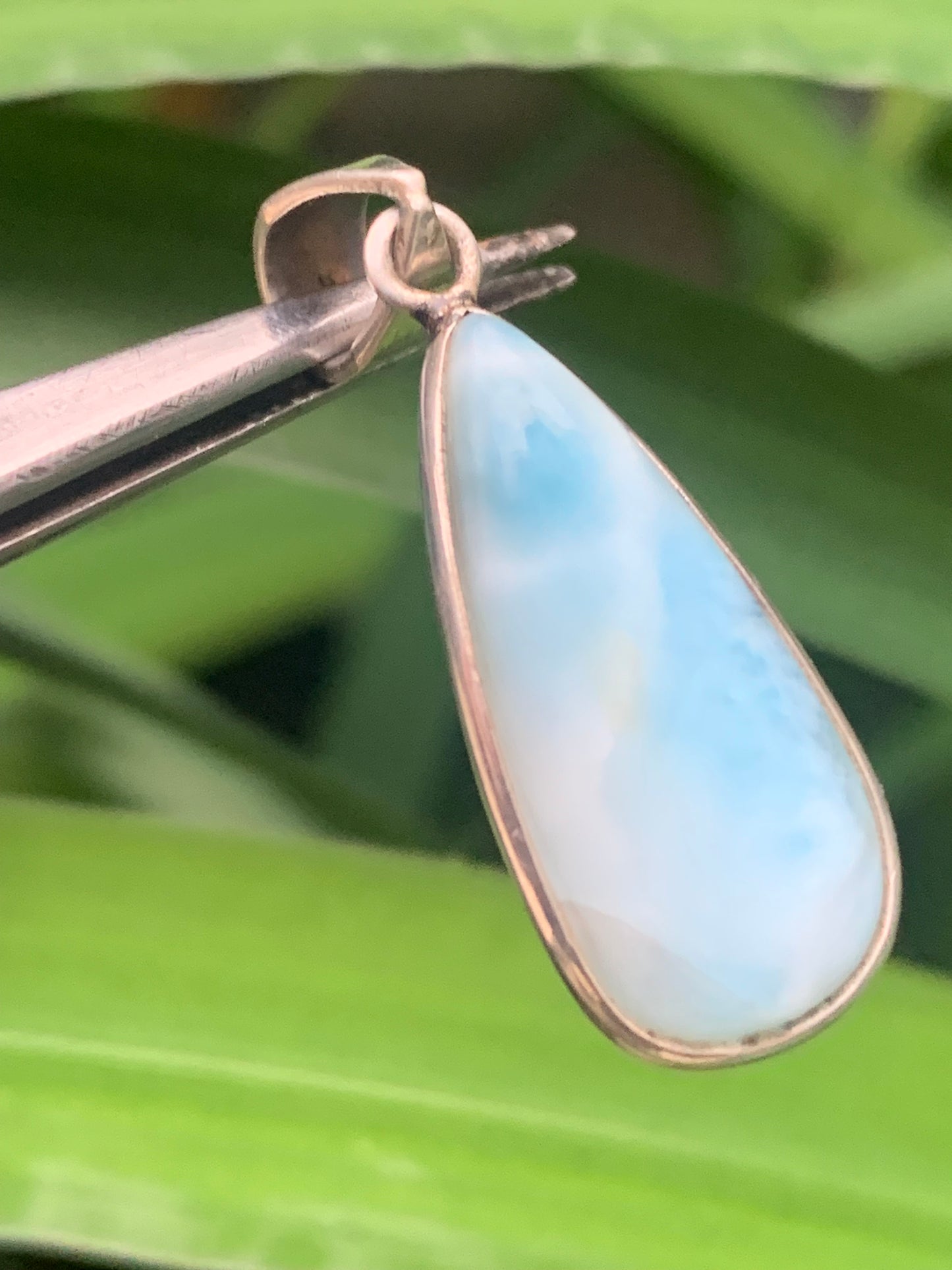 Larimar, Silver pendant, 36 mm high x 12 mm wide x 6 mm thick. Sold with a free adjustable black cord!