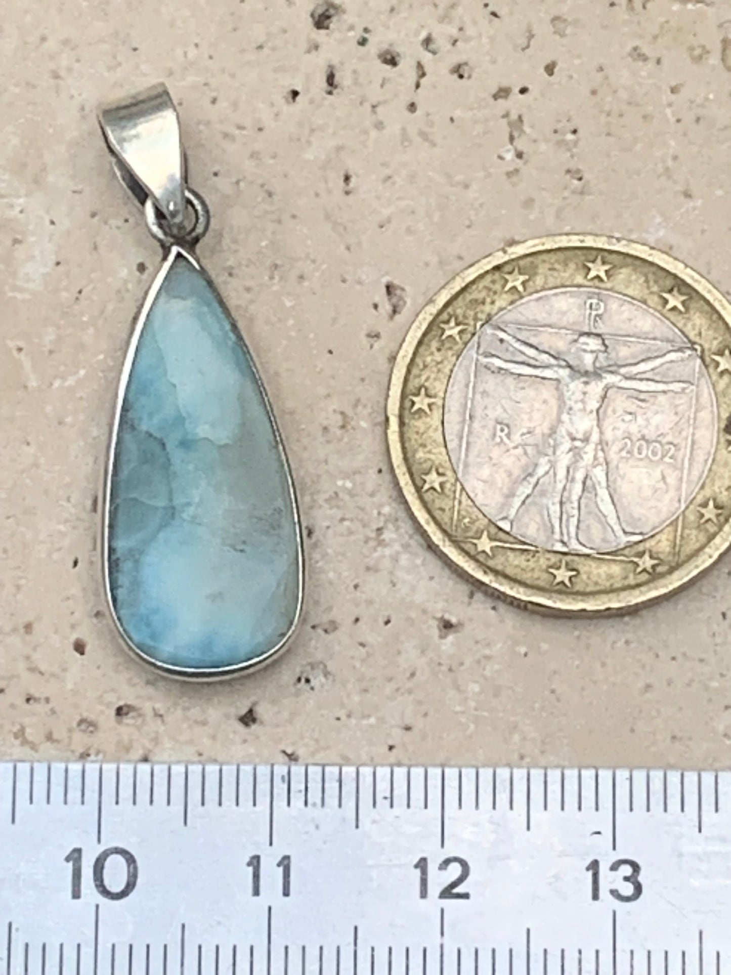 Larimar, Silver pendant, 36 mm high x 12 mm wide x 6 mm thick. Sold with a free adjustable black cord!
