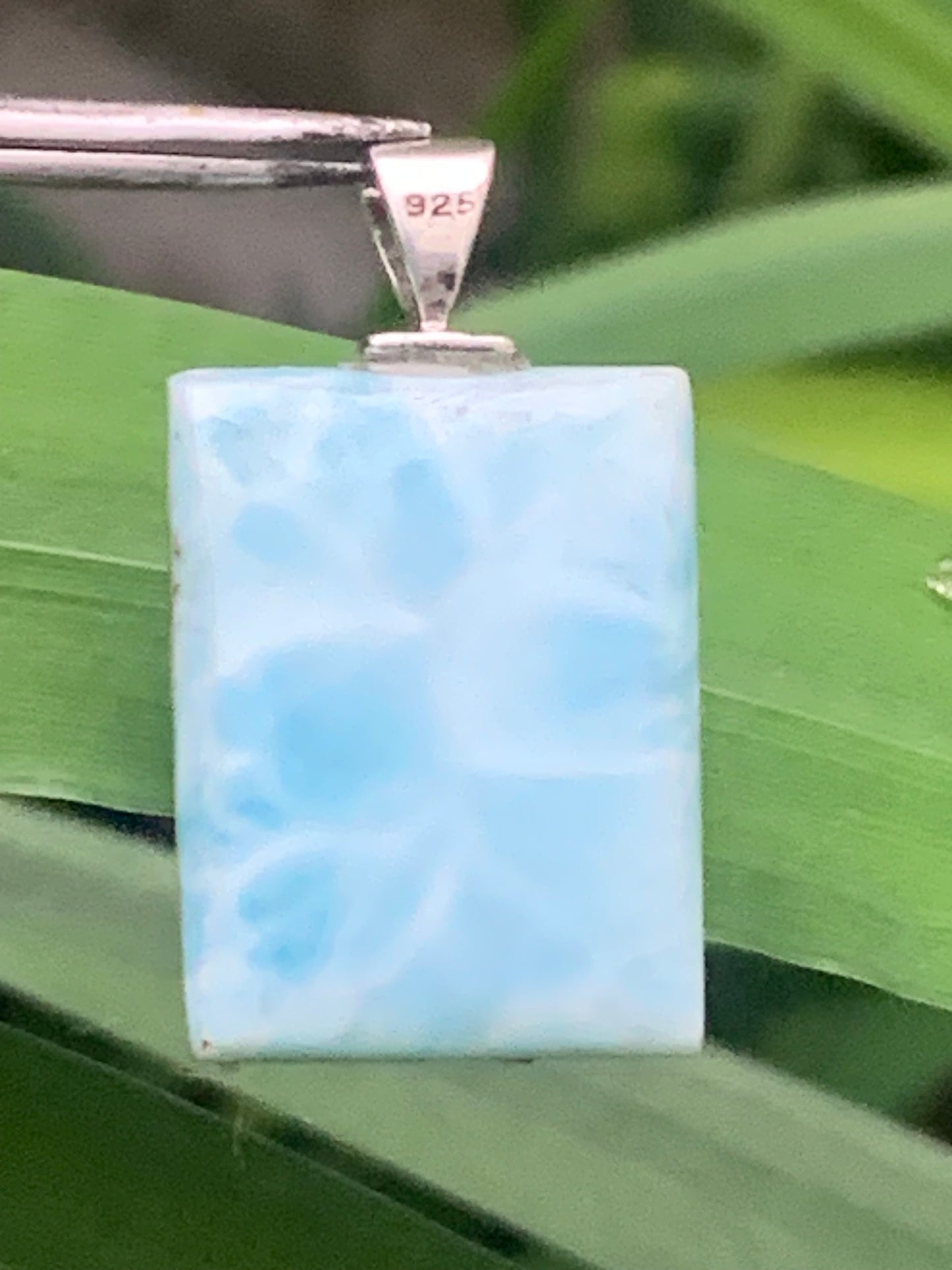 Larimar, Silver pendant, 35 mm high x 17 mm wide x 6 mm thick. Sold with a free adjustable black cord!
