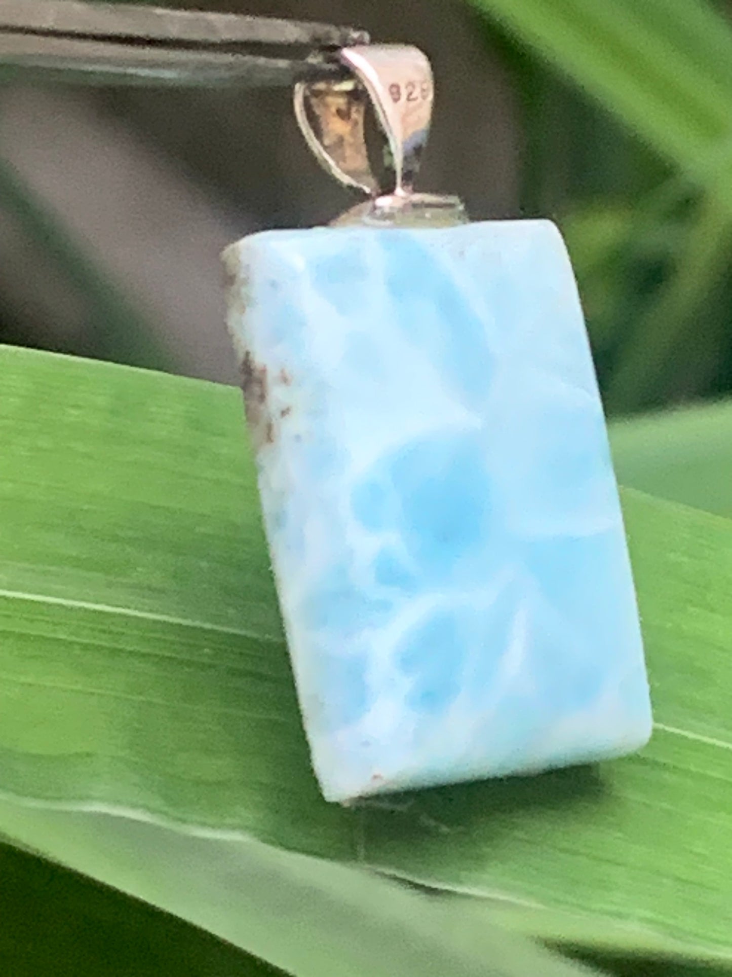 Larimar, Silver pendant, 35 mm high x 17 mm wide x 6 mm thick. Sold with a free adjustable black cord!